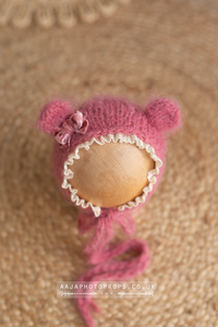 Baby newborn knitted romper, bear bonnet, wrap, layer, berry pink, made to order