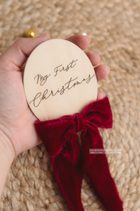 Wooden disc my first Christmas, velvet bow, baby, RTS