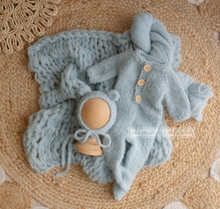 Load image into Gallery viewer, Baby newborn knitted romper, bear bonnet, wrap, layer, dusky blue, made to order