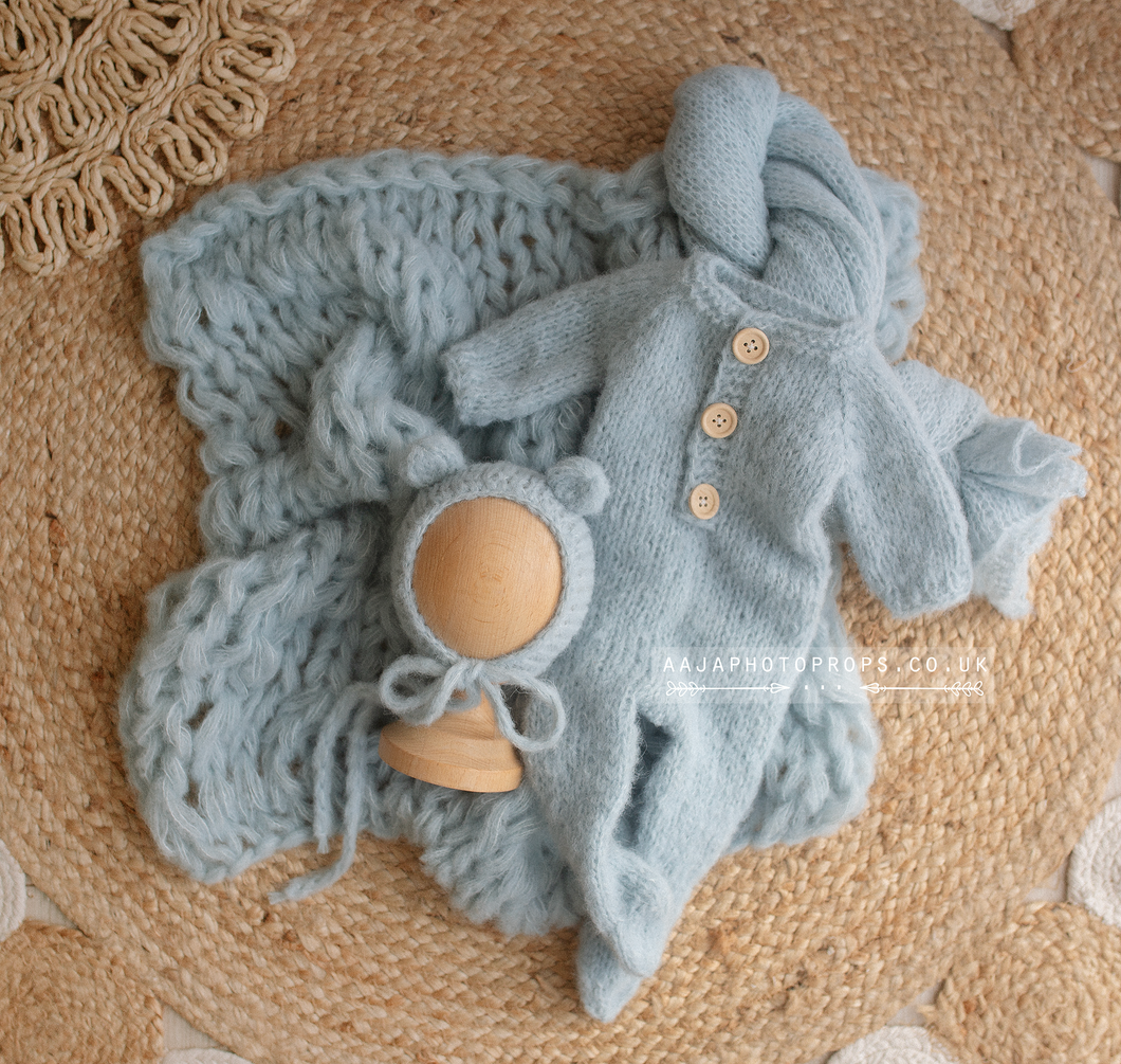 Baby newborn knitted romper, bear bonnet, wrap, layer, dusky blue, made to order