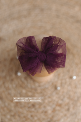 Baby newborn sitter girl bow tieback, plum, RTS