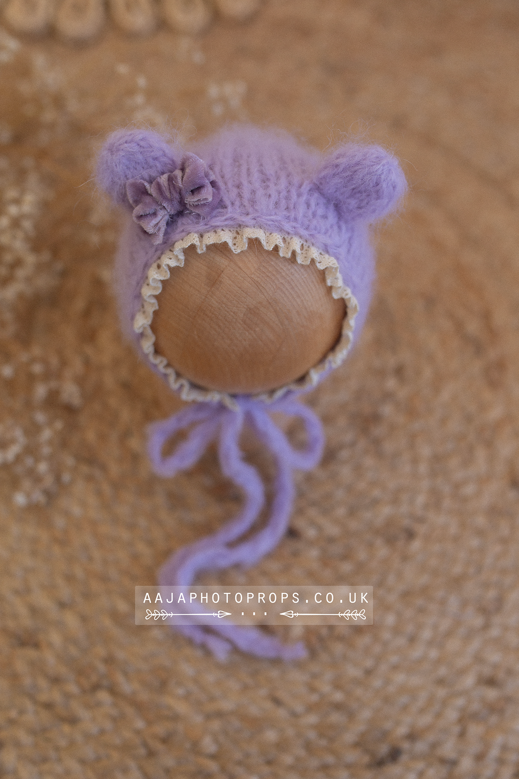 Lilac baby newborn bear bonnet, With lace, made to order