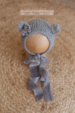 Grey baby newborn bear bonnet, With velvet ties and bow, RTS