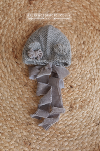 Grey baby newborn bear bonnet, With velvet ties and bow, RTS