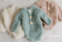 Baby newborn knitted romper and bonnet set, grey, blue, made to order