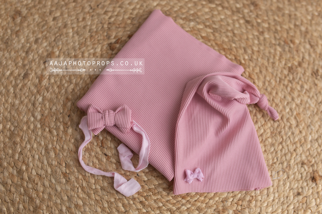 Baby newborn textured jersey wrap, hat, bow tieback, pink, RTS