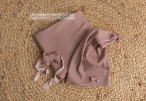 Baby newborn textured jersey wrap, hat, bow tieback, dusty nude pink, RTS