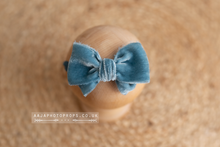 Baby newborn wrap, knot hat, velvet bow tieback set, blue, RTS