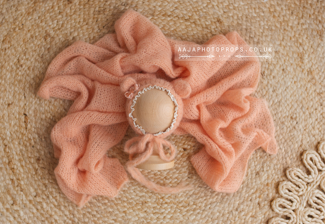 Peach baby newborn bear bonnet and wrap, made to order