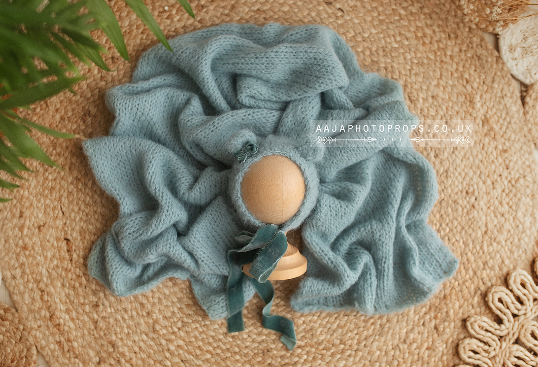 Sea green blue baby newborn bear bonnet and wrap, velvet ties, RTS