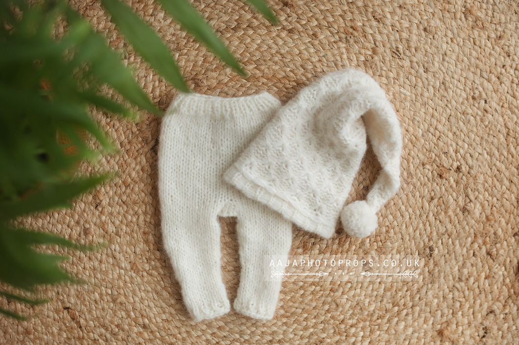 Knitted Baby newborn trousers and hat, creamy off white, made to order