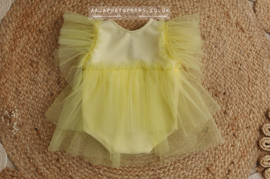 Baby girl romper, lemon yellow, boho, tulle, frilly, made to order