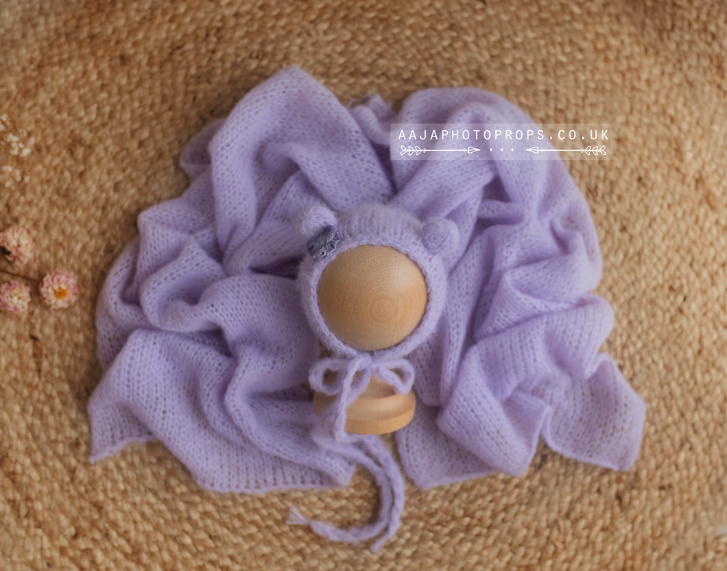 Lilac baby newborn bear bonnet and wrap, made to order