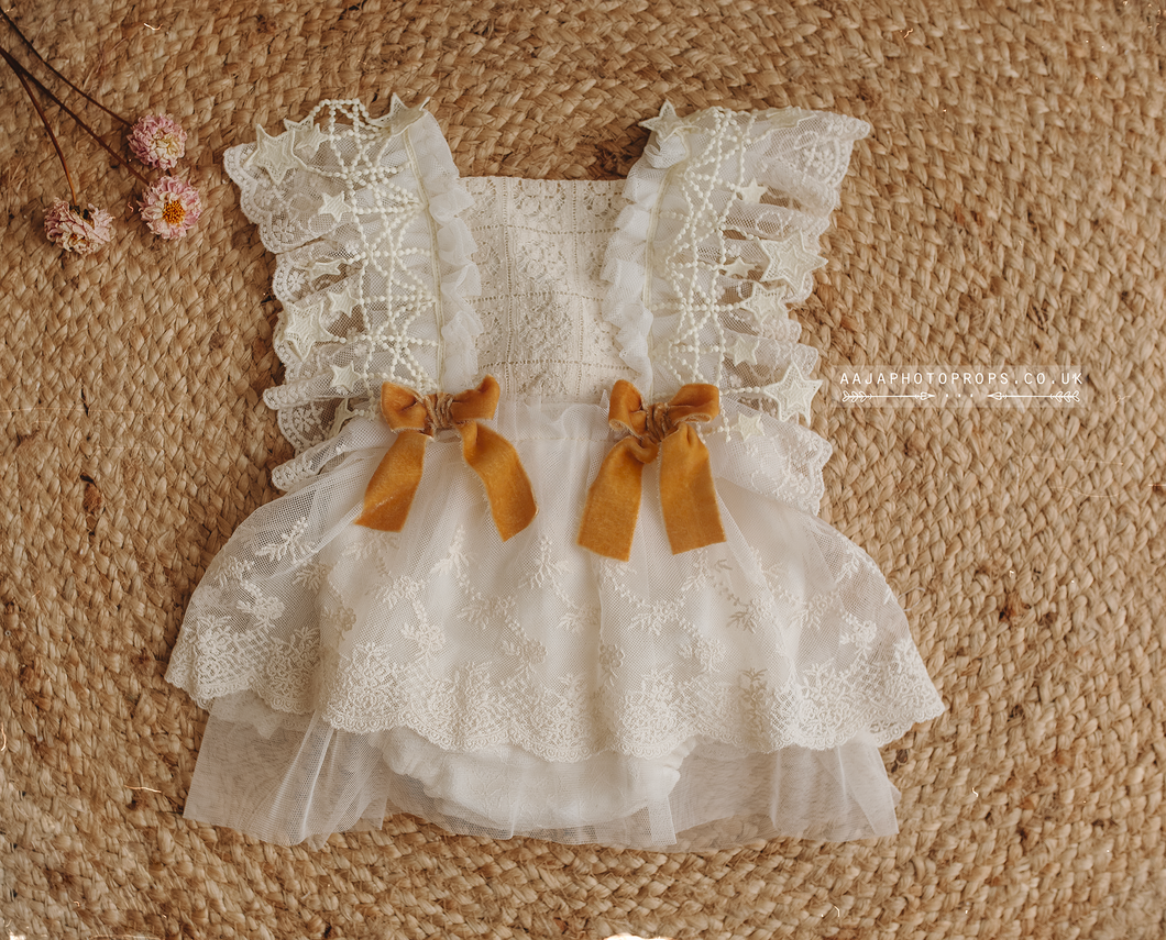 9-12 months size romper, cream, stars, boho, tulle, velvet bows, RTS