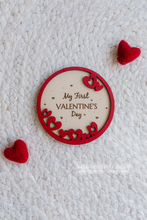 Wooden disc My First Valentine's day, baby, heart, red, engraved, RTS