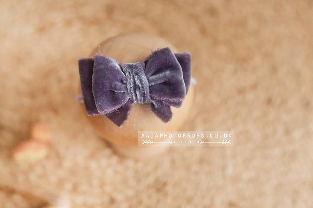 Baby newborn girl velvet bow tieback dusty purple, dark lilac, RTS