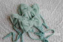 Baby girl velvet bow tieback, pastel mint, plush, double, RTS