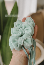 Baby girl velvet bow tieback, pastel mint, plush, double, RTS