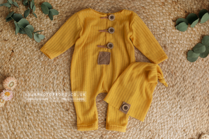 Baby hat and romper, yellow, pyjama, boho, RTS