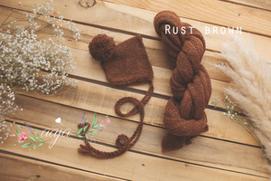 Rust orange brown knitted long stretch wrap and bonnet set, made to order