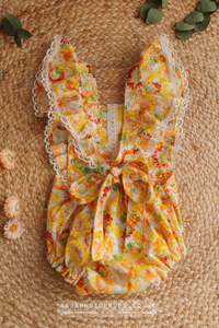 9-12 months size romper, sunflower yellow, frilly, boho, RTS