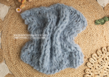 Knitted chunky layer, wrap and bonnet set, fluffy soft, blue, pom pom, made to order