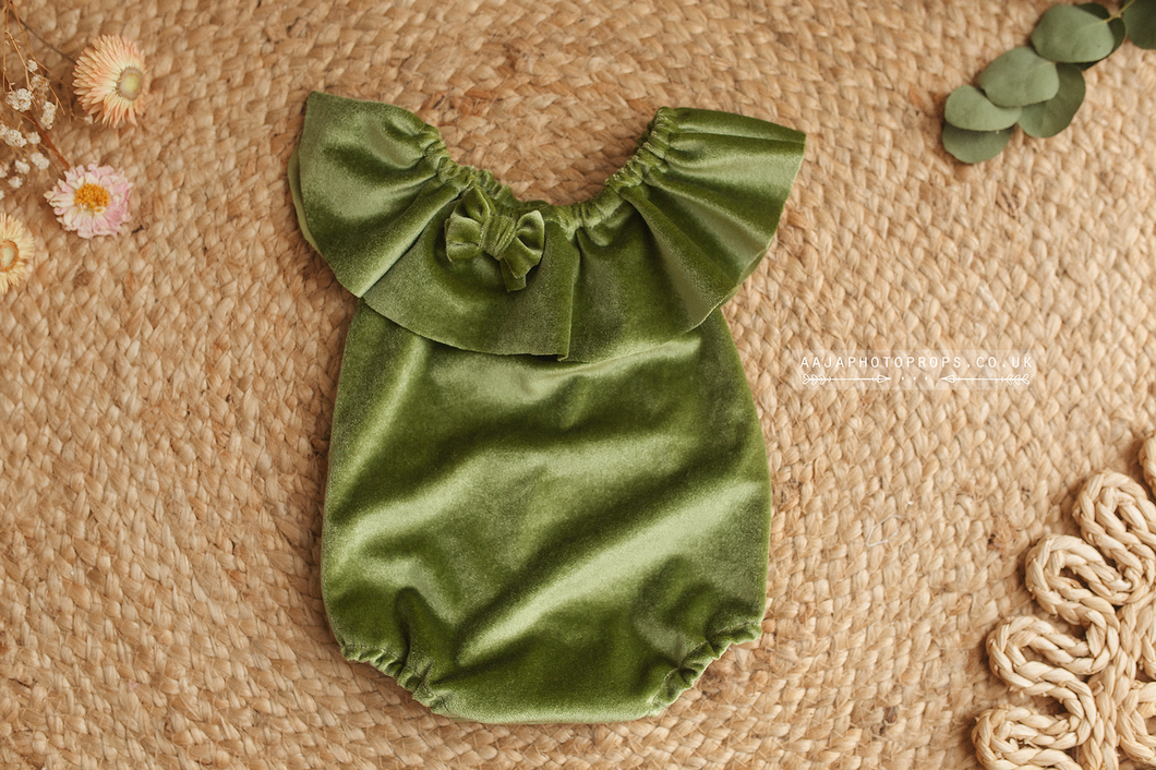 Baby girl velvet romper, frilly, olive green, made to order