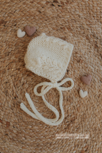 Knitted Baby newborn bonnet cream, flower pattern, RTS