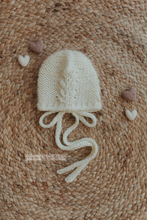 Knitted Baby newborn bonnet cream, flower pattern, RTS