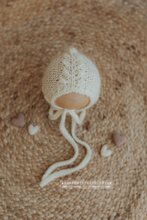 Knitted Baby newborn bonnet cream, flower pattern, RTS
