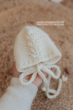 Knitted Baby newborn bonnet cream, flower pattern, RTS