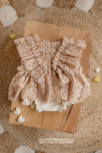 Load image into Gallery viewer, Newborn baby girl romper, vintage, beige, floral, boho, frilly, lace, made to order