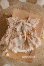 Load image into Gallery viewer, Newborn baby girl romper, vintage, beige, floral, boho, frilly, lace, made to order