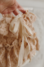 Load image into Gallery viewer, Newborn baby girl romper, vintage, beige, floral, boho, frilly, lace, made to order