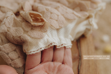 Load image into Gallery viewer, Newborn baby girl romper, vintage, beige, floral, boho, frilly, lace, made to order