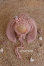 Blush pink baby newborn bunny bonnet, velvet flowers, made to order