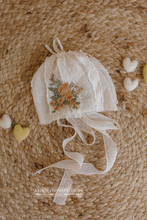 Baby girl newborn bonnet, beige, cream, yellow flowers, boho, RTS