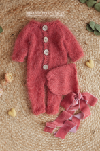 Baby newborn knitted romper and bonnet, salmon pink, velvet ties, RTS