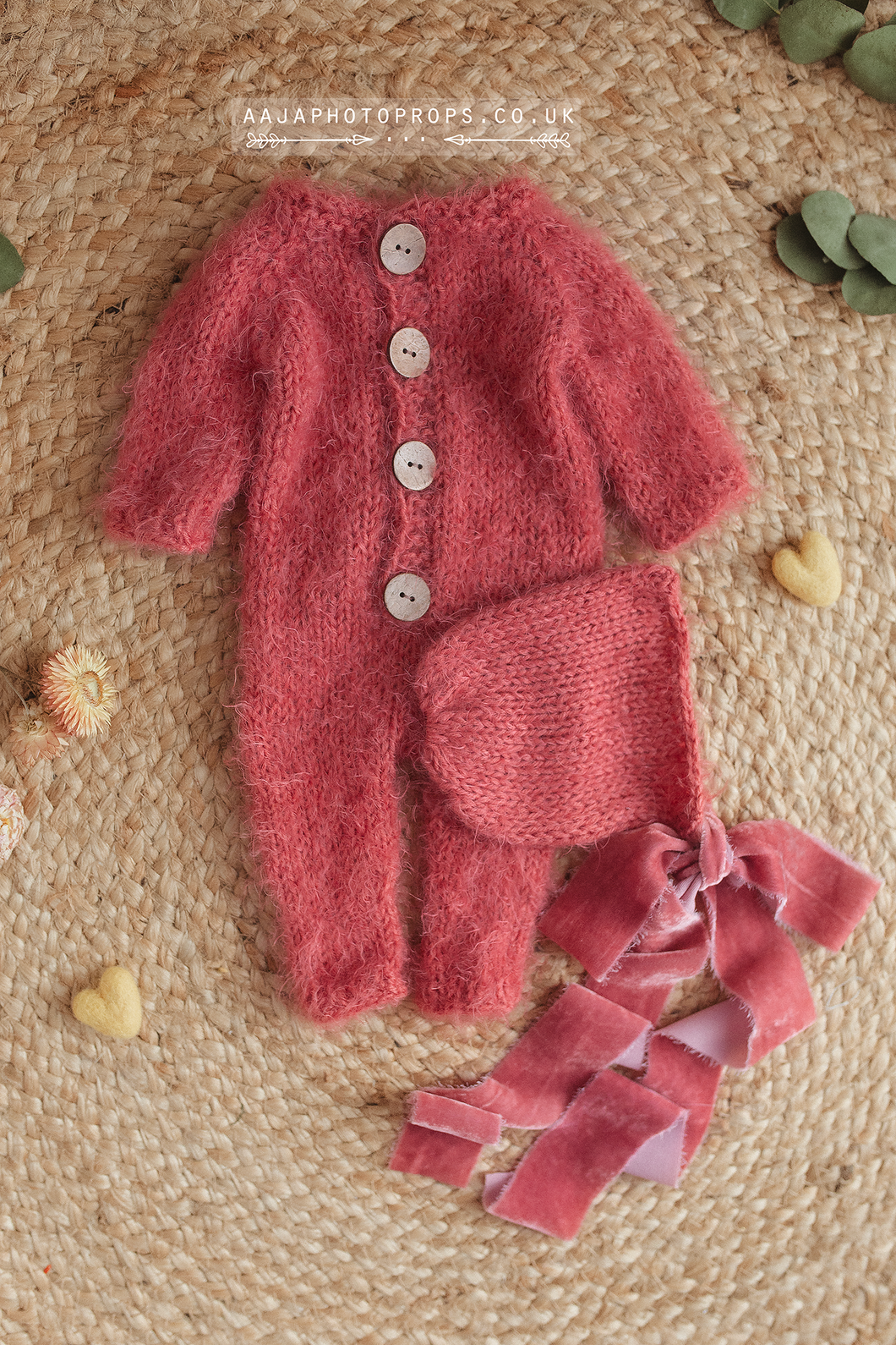 Baby newborn knitted romper and bonnet, salmon pink, velvet ties, RTS
