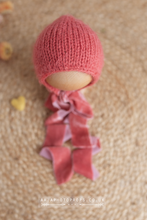 Baby newborn knitted romper and bonnet, salmon pink, velvet ties, RTS