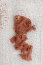 Baby girl newborn bonnet, pastel rust orange, boho, RTS