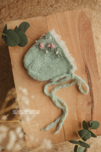 Baby newborn bonnet embroidered, sage green, pastel, pink flowers,  made to order