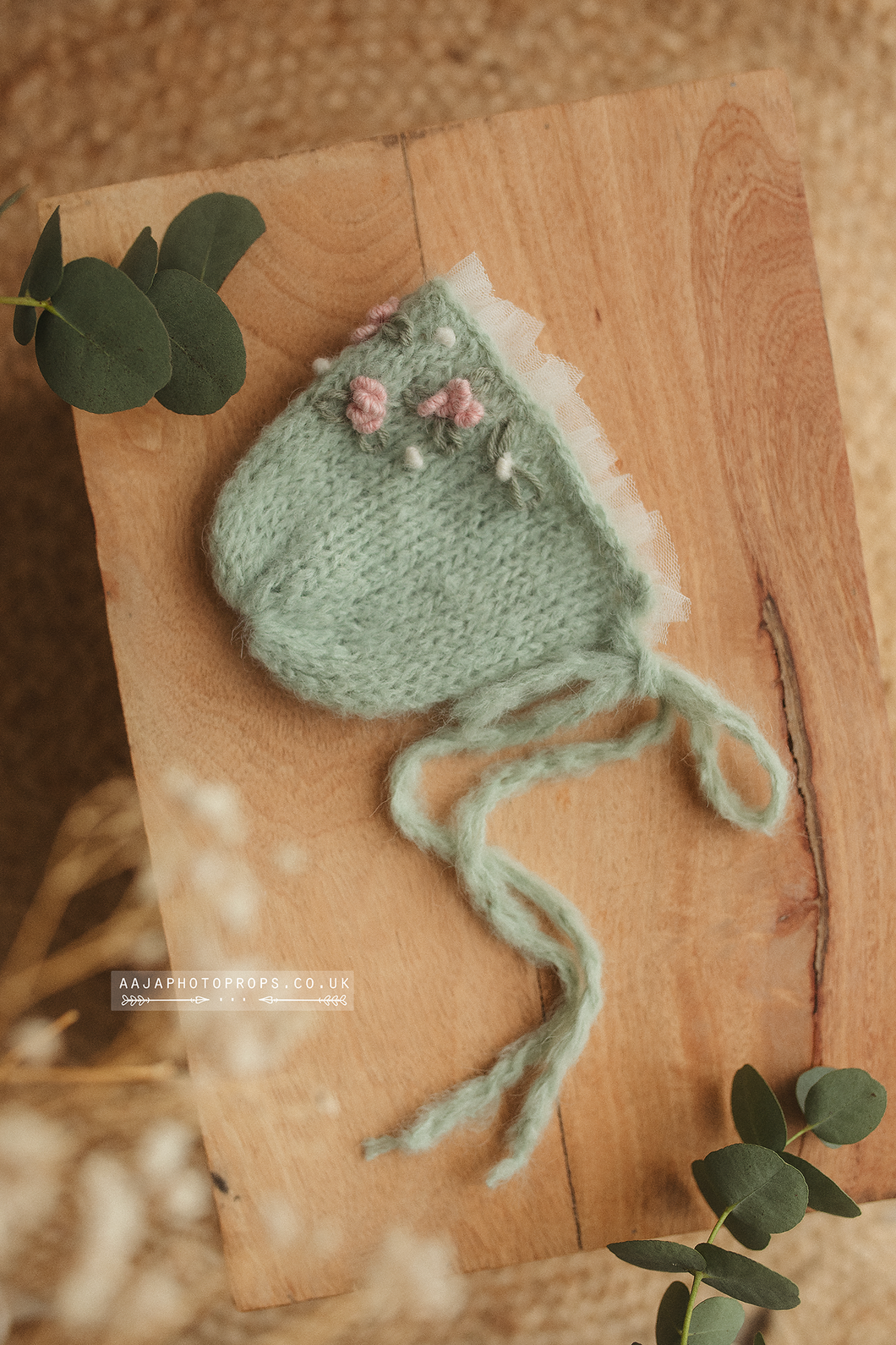 Baby newborn bonnet embroidered, sage green, pastel, pink flowers,  made to order