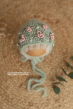 Baby newborn bonnet embroidered, sage green, pastel, pink flowers,  made to order