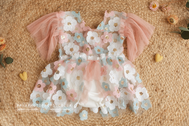 9-12 months size girl pink, blush, blue floral romper, vintage style, boho, RTS