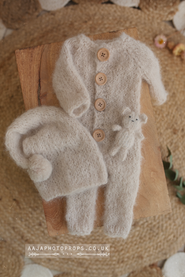 Knitted Baby newborn romper, lovie bear, sleepy hat, knitted, light beige, made to order