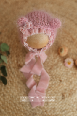 Pink baby newborn bear bonnet, With velvet ties and bow, made to order