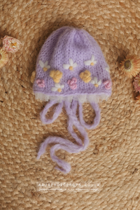 Baby newborn bonnet embroidered, lilac, pastel, pink flowers, RTS