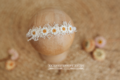 Baby newborn girl tieback with daisies, cream, boho, RTS