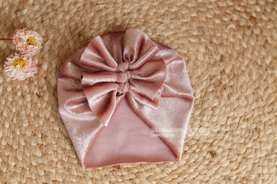 Baby newborn turban hat, sparkly pink gold, RTS